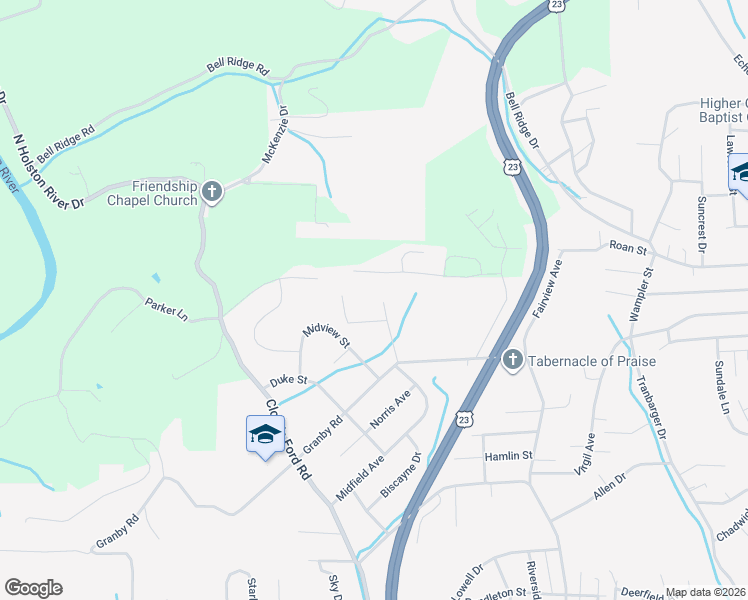 map of restaurants, bars, coffee shops, grocery stores, and more near 2005 Sweetbriar Road in Kingsport