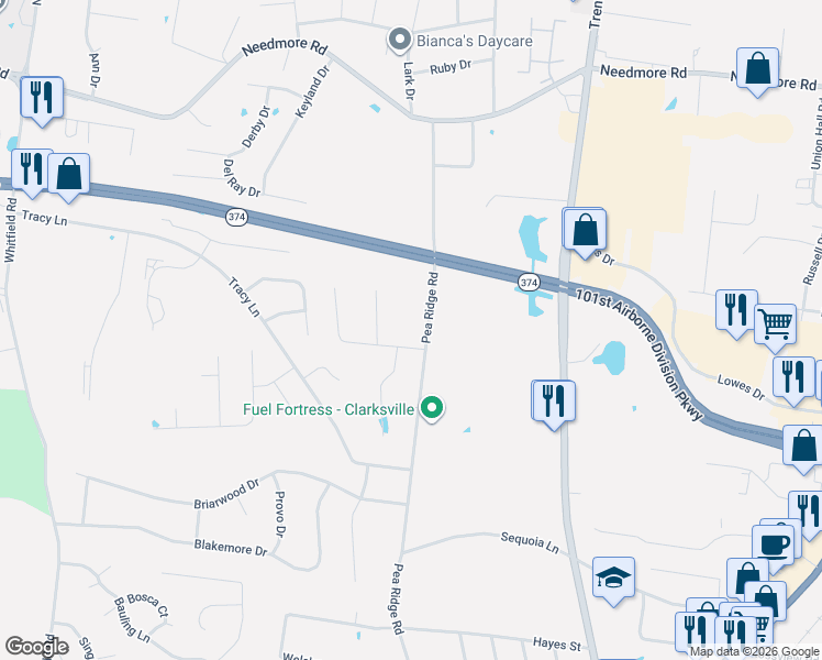 map of restaurants, bars, coffee shops, grocery stores, and more near 405 Andean Court in Clarksville