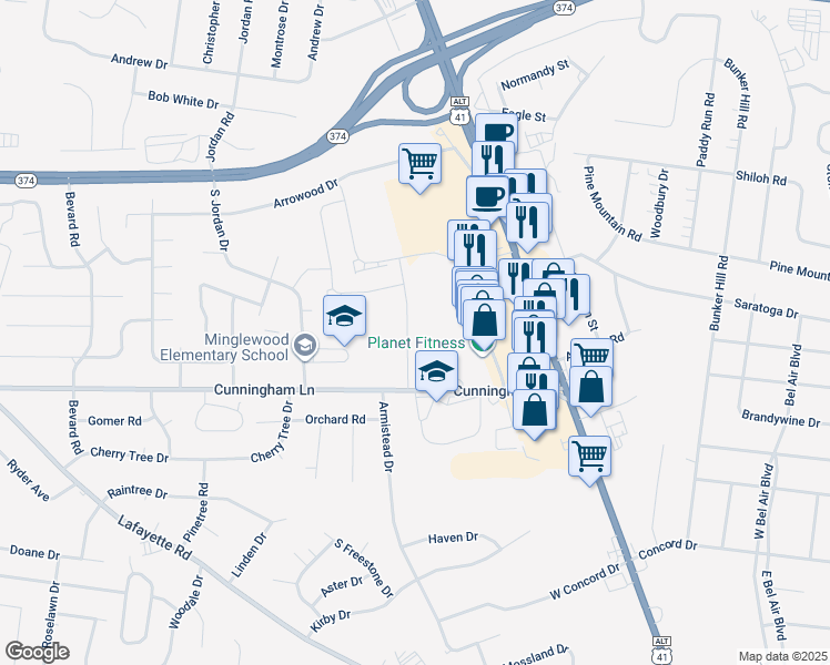 map of restaurants, bars, coffee shops, grocery stores, and more near 1628 Fort Campbell Boulevard in Clarksville