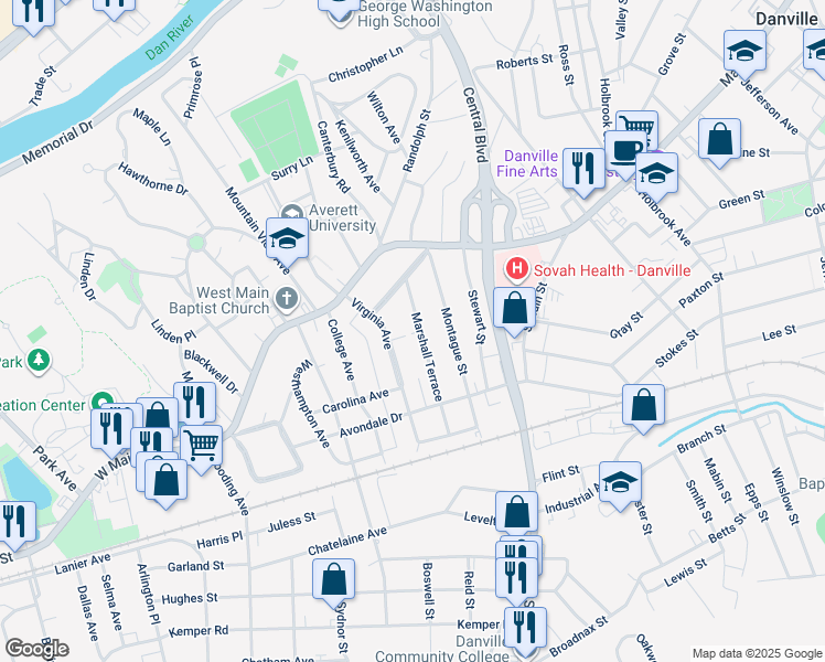map of restaurants, bars, coffee shops, grocery stores, and more near 150 Marshall Terrace in Danville