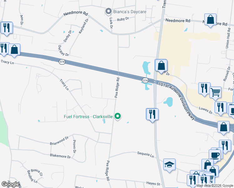 map of restaurants, bars, coffee shops, grocery stores, and more near 405 Andean Court in Clarksville