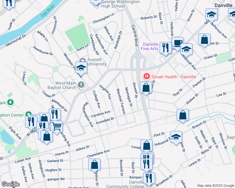 map of restaurants, bars, coffee shops, grocery stores, and more near 150 Marshall Terrace in Danville