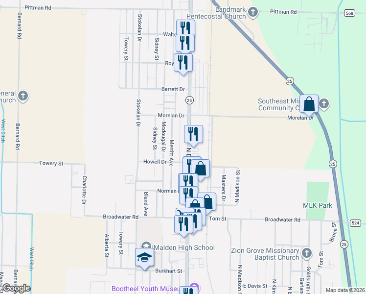 map of restaurants, bars, coffee shops, grocery stores, and more near 1306 Merritt Avenue in Malden