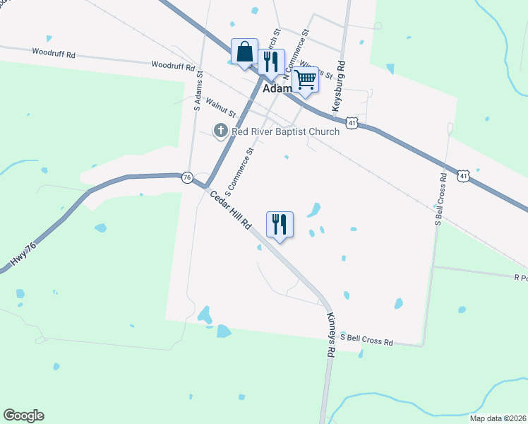 map of restaurants, bars, coffee shops, grocery stores, and more near 305 Cedar Hill Road in Adams