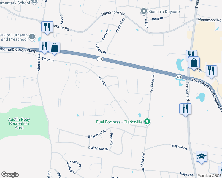 map of restaurants, bars, coffee shops, grocery stores, and more near 700 Tracy Lane in Clarksville