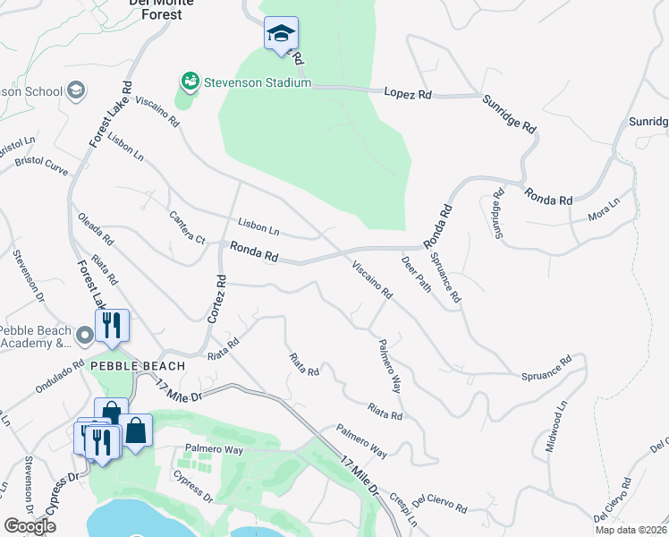 map of restaurants, bars, coffee shops, grocery stores, and more near 1500 Viscaino Road in Del Monte Forest