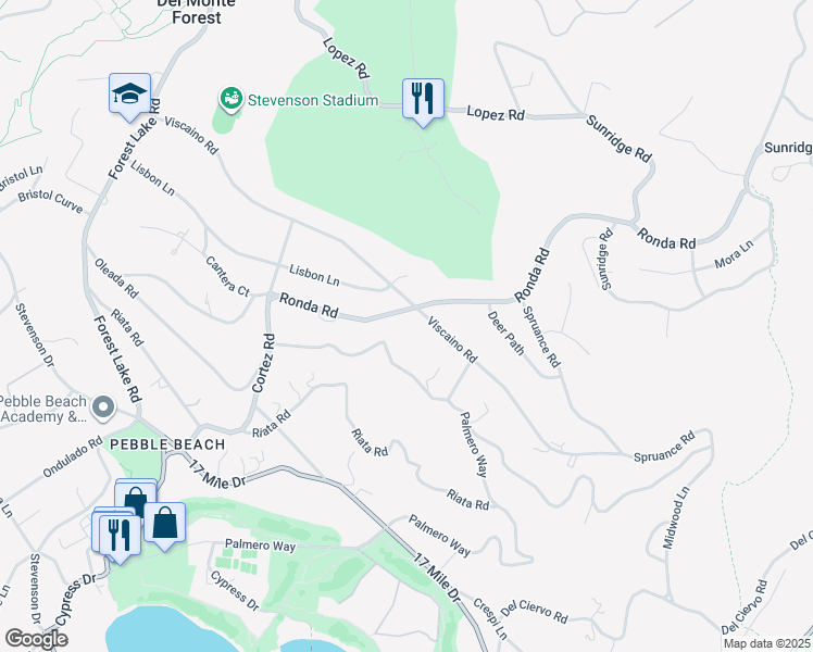 map of restaurants, bars, coffee shops, grocery stores, and more near 1500 Viscaino Road in Del Monte Forest