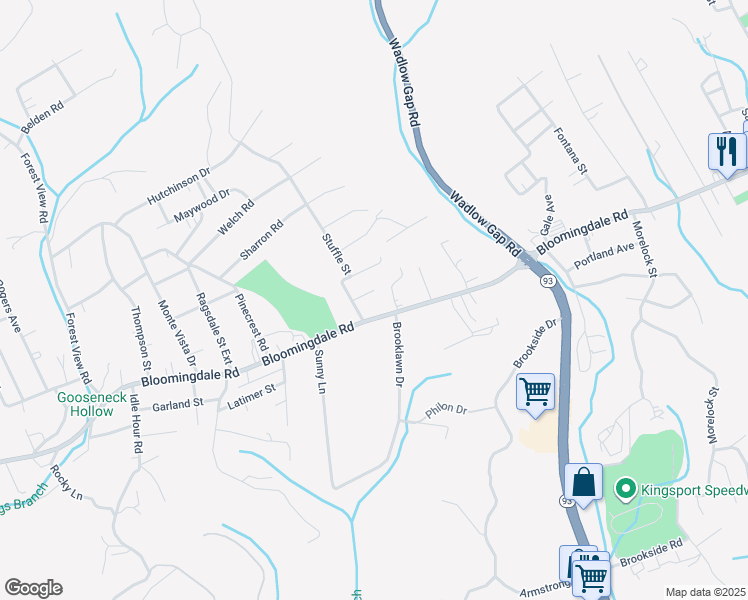 map of restaurants, bars, coffee shops, grocery stores, and more near 117 Stuffle Street in Kingsport