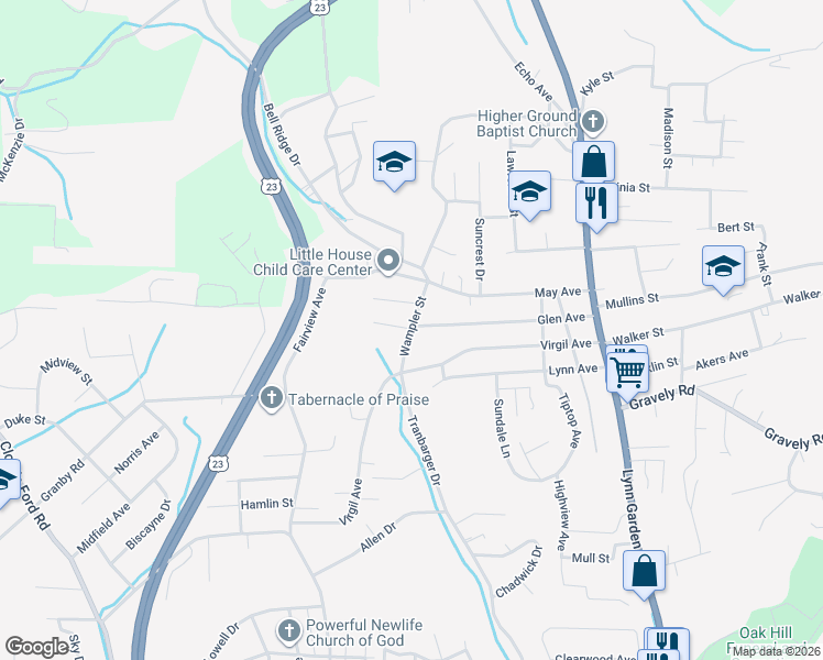 map of restaurants, bars, coffee shops, grocery stores, and more near 398 Glen Avenue in Kingsport