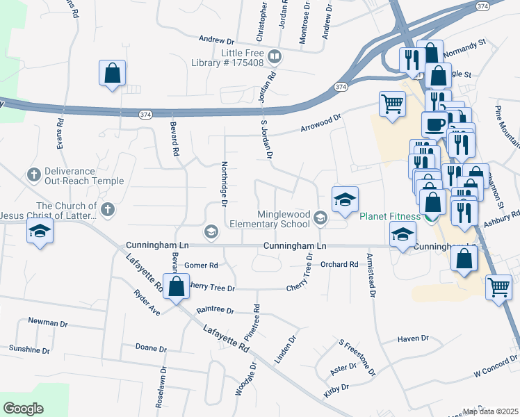 map of restaurants, bars, coffee shops, grocery stores, and more near 379 Peabody Drive in Clarksville