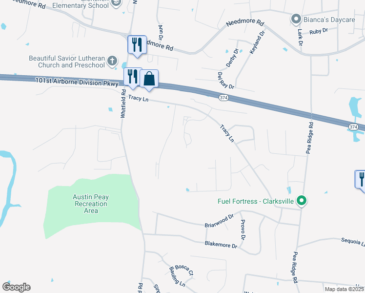 map of restaurants, bars, coffee shops, grocery stores, and more near 2256 McCormick Lane in Clarksville