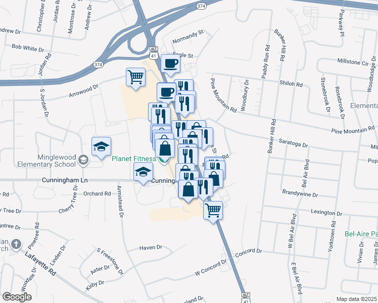 map of restaurants, bars, coffee shops, grocery stores, and more near 1630 Fort Campbell Boulevard in Clarksville
