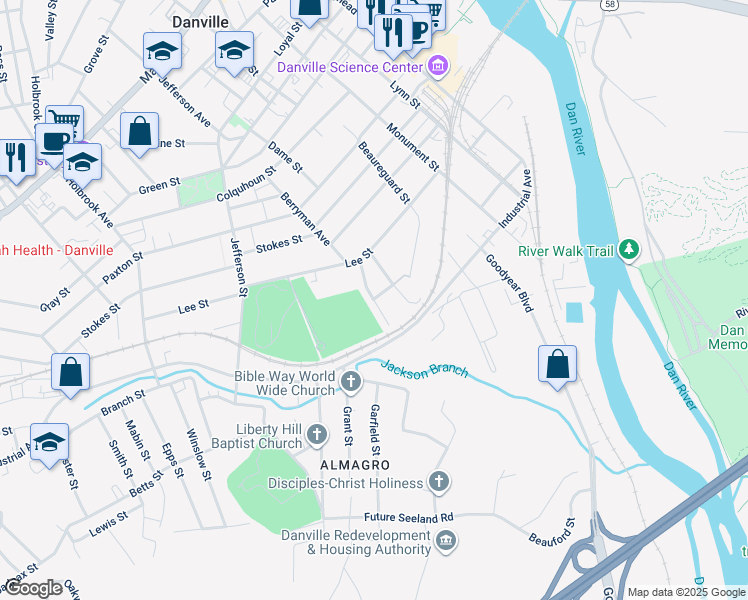 map of restaurants, bars, coffee shops, grocery stores, and more near 798 Burton Street in Danville