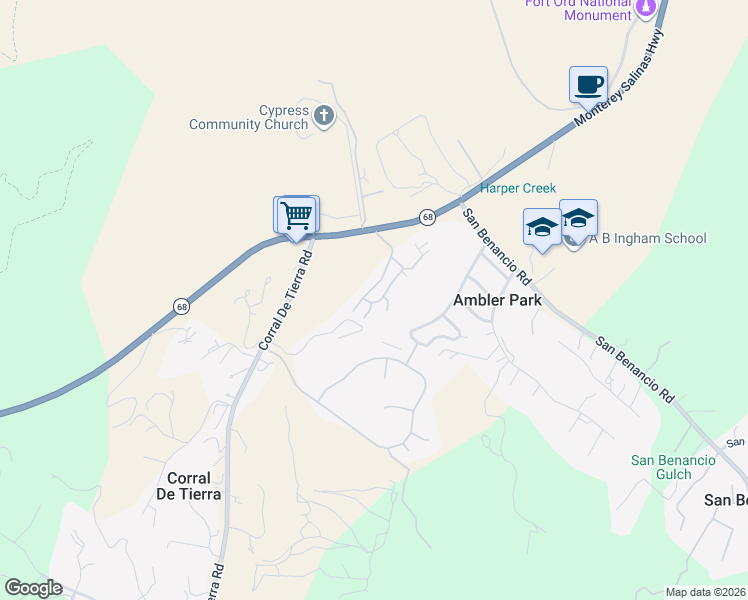 map of restaurants, bars, coffee shops, grocery stores, and more near 55 Corral De Tierra Road in Salinas