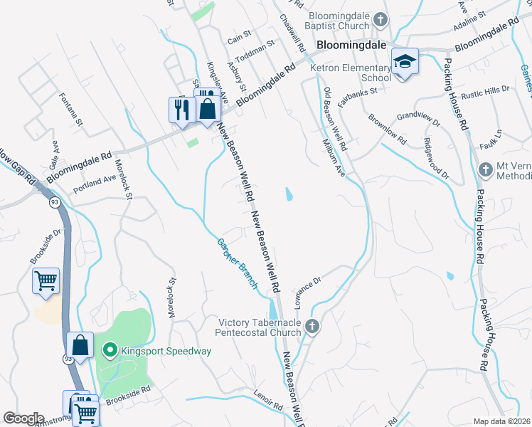 map of restaurants, bars, coffee shops, grocery stores, and more near 228 New Beason Well Road in Kingsport