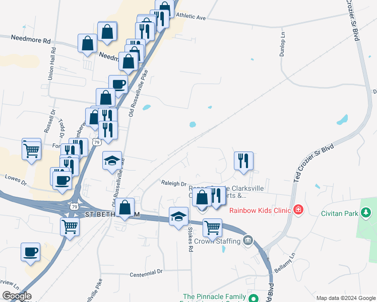 map of restaurants, bars, coffee shops, grocery stores, and more near 2326 Raleigh Court in Clarksville