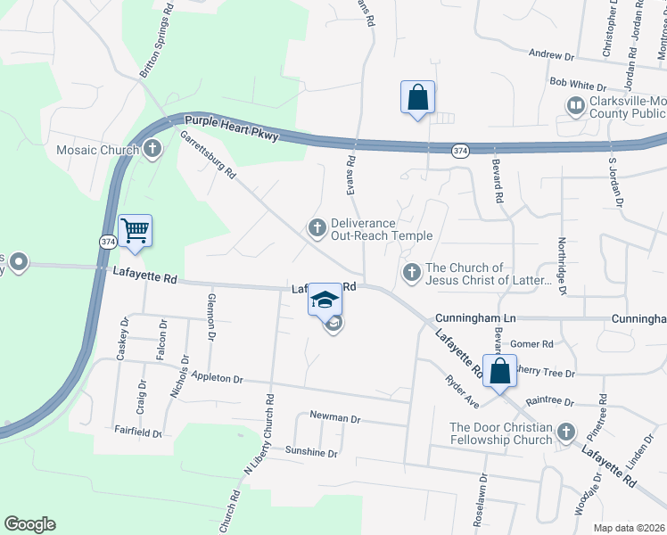 map of restaurants, bars, coffee shops, grocery stores, and more near 829 Lafayette Road in Clarksville