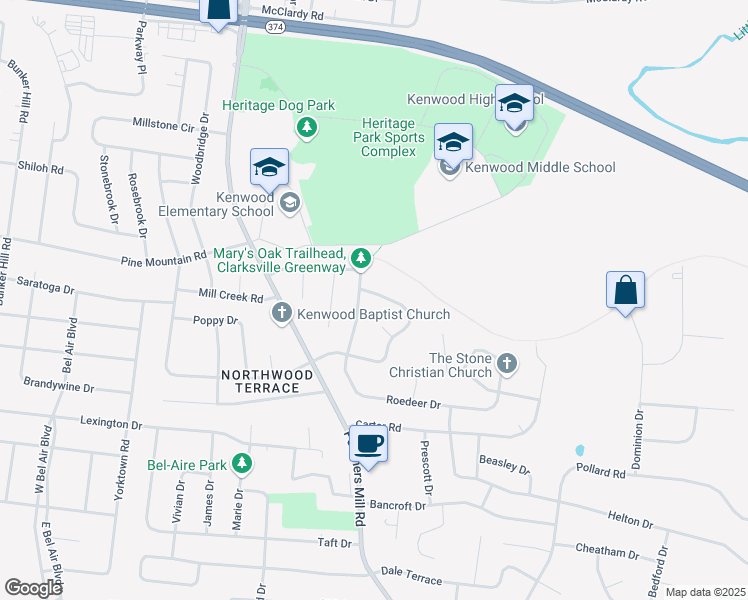map of restaurants, bars, coffee shops, grocery stores, and more near 1045 Roedeer Drive in Clarksville