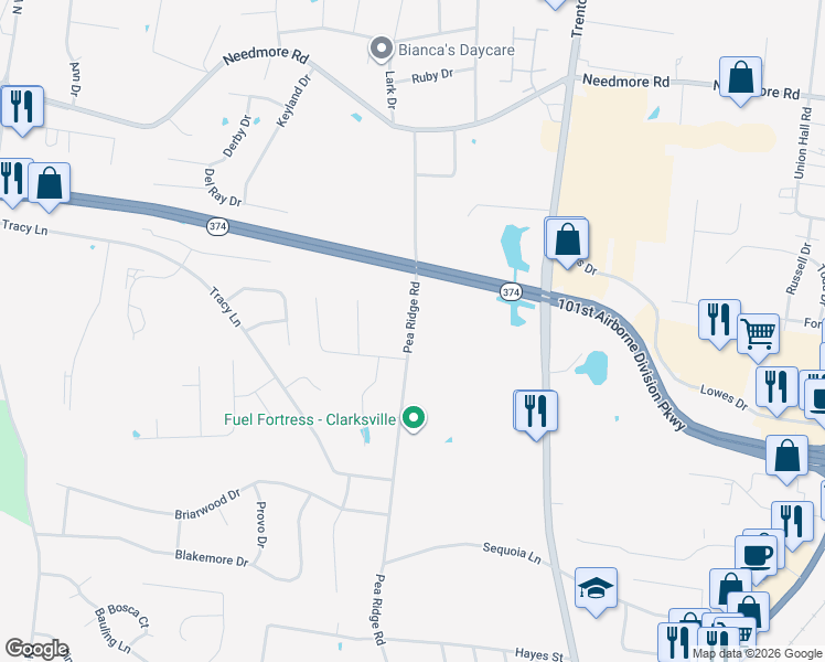 map of restaurants, bars, coffee shops, grocery stores, and more near 2443-2699 Pea Ridge Road in Clarksville