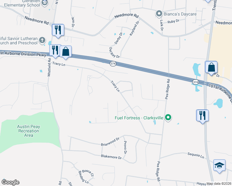 map of restaurants, bars, coffee shops, grocery stores, and more near 2225 Trophy Trace in Clarksville