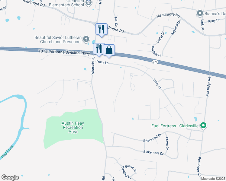 map of restaurants, bars, coffee shops, grocery stores, and more near 2441 Whitfield Road in Clarksville