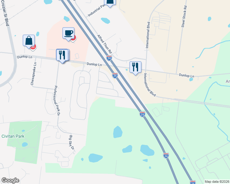 map of restaurants, bars, coffee shops, grocery stores, and more near 265 Alexander Boulevard in Clarksville