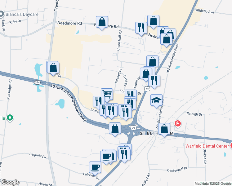 map of restaurants, bars, coffee shops, grocery stores, and more near 2120 Lowes Drive in Clarksville