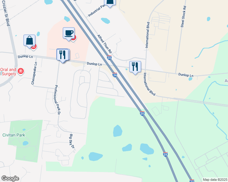 map of restaurants, bars, coffee shops, grocery stores, and more near 265 Alexander Boulevard in Clarksville