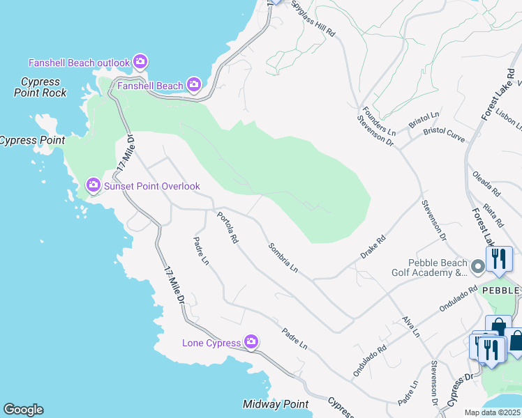 map of restaurants, bars, coffee shops, grocery stores, and more near 1217 Portola Road in Del Monte Forest
