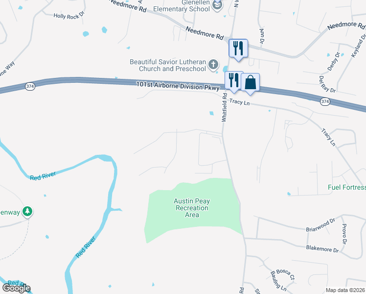 map of restaurants, bars, coffee shops, grocery stores, and more near 2424 Prewitt Lane in Clarksville