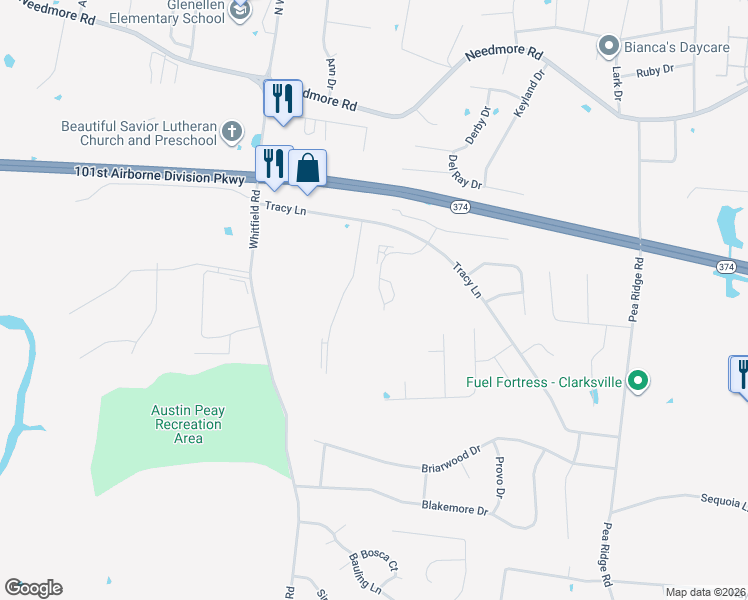 map of restaurants, bars, coffee shops, grocery stores, and more near 2260 McCormick Lane in Clarksville