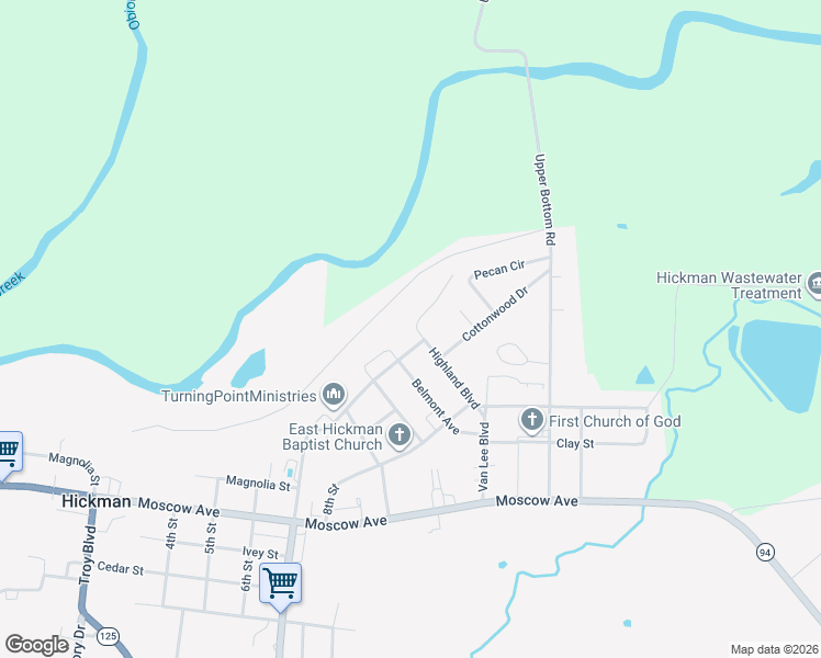 map of restaurants, bars, coffee shops, grocery stores, and more near River Rd in Hickman