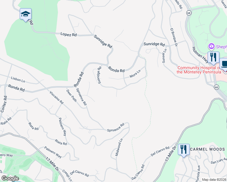 map of restaurants, bars, coffee shops, grocery stores, and more near 4038 Sunridge Road in Del Monte Forest