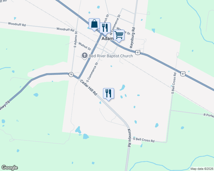 map of restaurants, bars, coffee shops, grocery stores, and more near 305 Cedar Hill Road in Adams