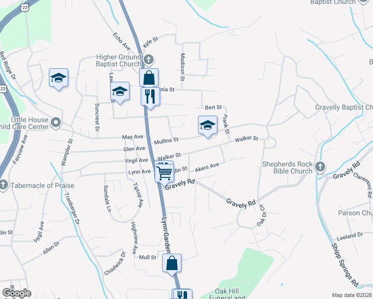 map of restaurants, bars, coffee shops, grocery stores, and more near 133 Walker Street in Kingsport