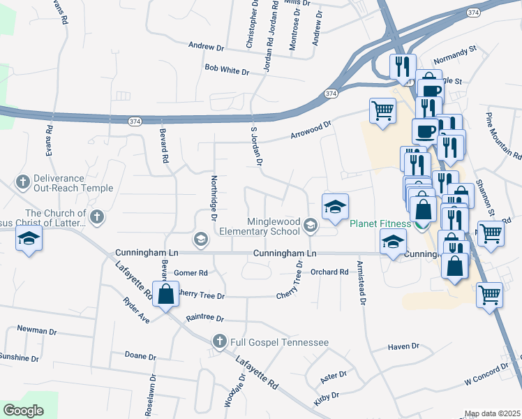 map of restaurants, bars, coffee shops, grocery stores, and more near 284 Northridge Drive in Clarksville