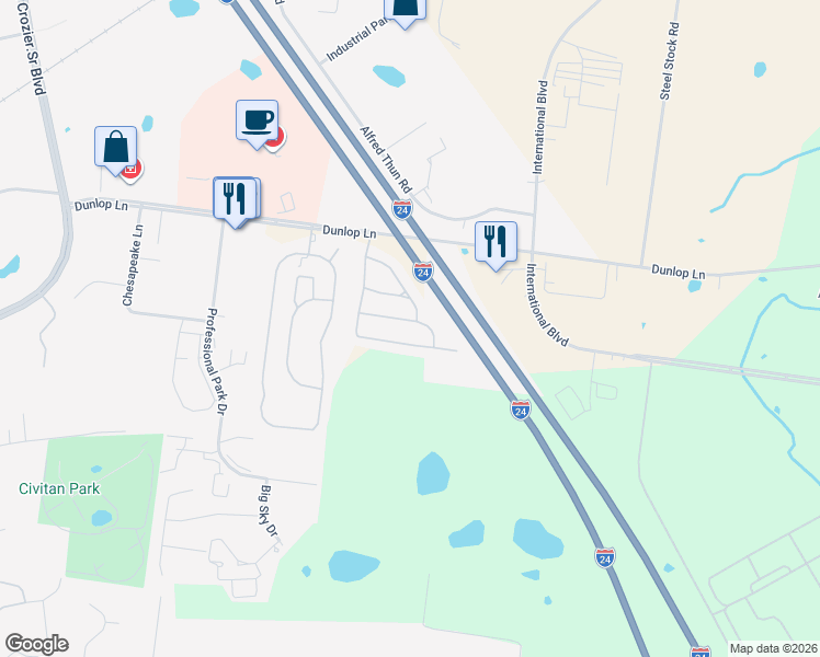 map of restaurants, bars, coffee shops, grocery stores, and more near 265 Alexander Boulevard in Clarksville