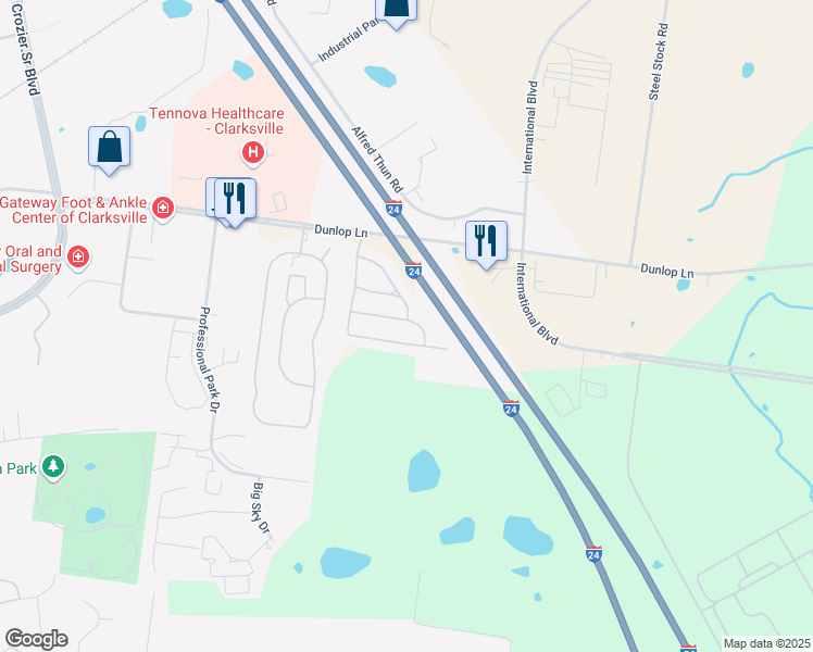 map of restaurants, bars, coffee shops, grocery stores, and more near 352 Sam Houston Circle in Clarksville