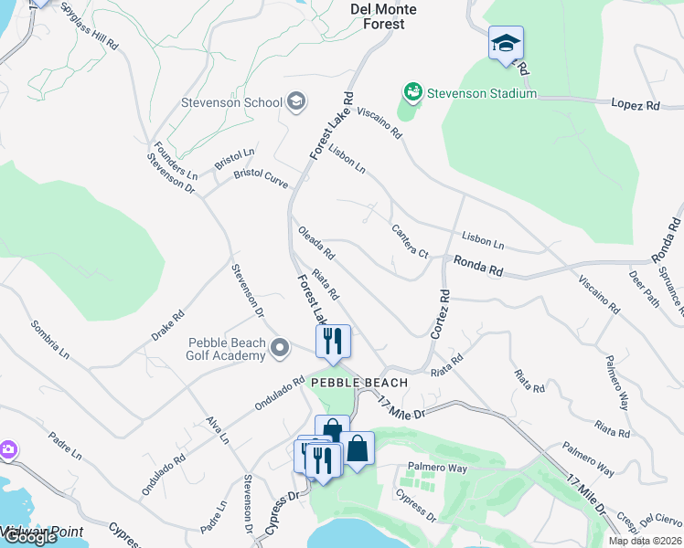 map of restaurants, bars, coffee shops, grocery stores, and more near 1424 Oleada Road in Del Monte Forest