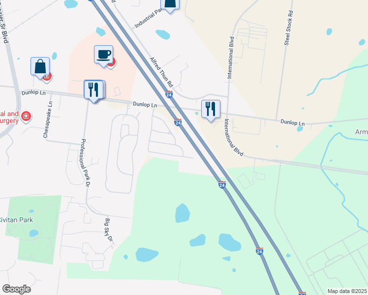map of restaurants, bars, coffee shops, grocery stores, and more near 265 Alexander Boulevard in Clarksville