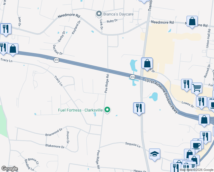 map of restaurants, bars, coffee shops, grocery stores, and more near 2443-2699 Pea Ridge Road in Clarksville