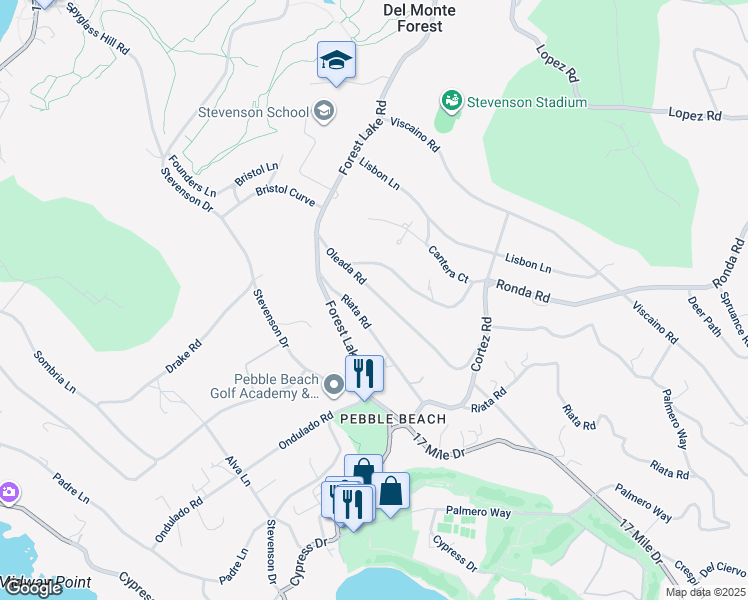 map of restaurants, bars, coffee shops, grocery stores, and more near 1424 Oleada Road in Del Monte Forest