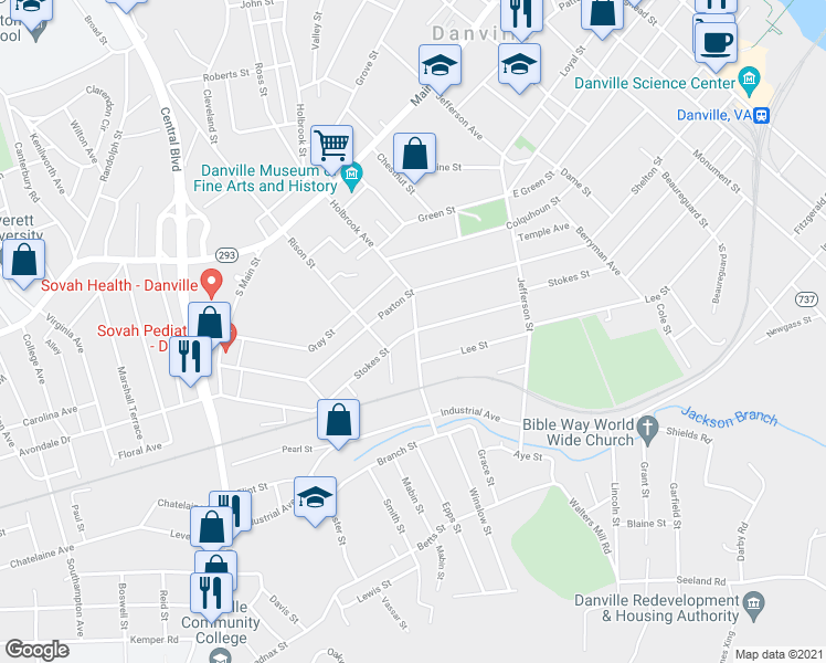 map of restaurants, bars, coffee shops, grocery stores, and more near 901 Stokes Street in Danville