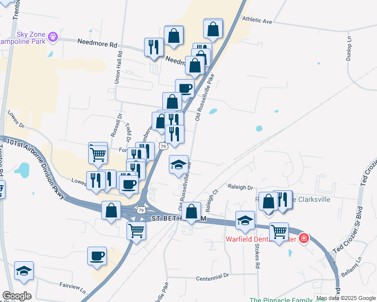 map of restaurants, bars, coffee shops, grocery stores, and more near 2526 Old Russellville Pike in Clarksville