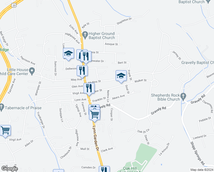 map of restaurants, bars, coffee shops, grocery stores, and more near 1116 Nelms Lane in Kingsport