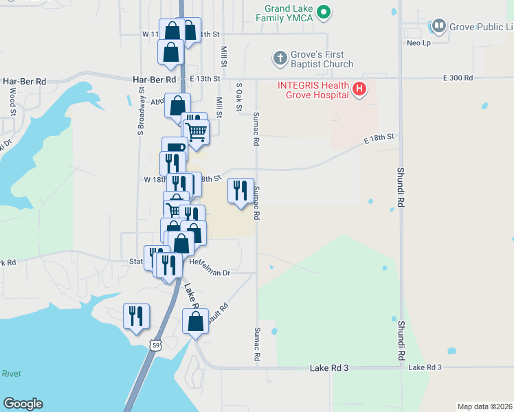 map of restaurants, bars, coffee shops, grocery stores, and more near Sumac Road in Grove