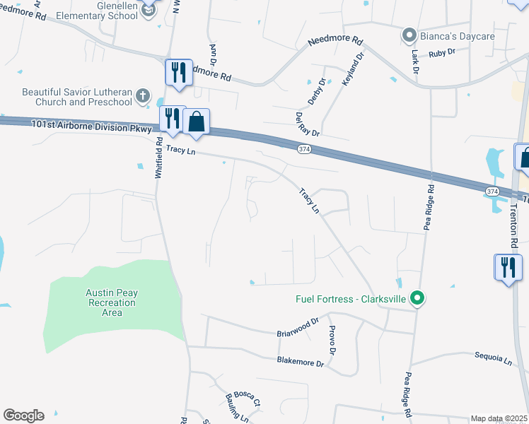 map of restaurants, bars, coffee shops, grocery stores, and more near 689 Oliver Loop in Clarksville