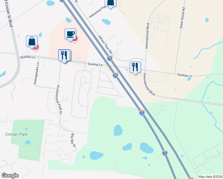map of restaurants, bars, coffee shops, grocery stores, and more near 265 Alexander Boulevard in Clarksville