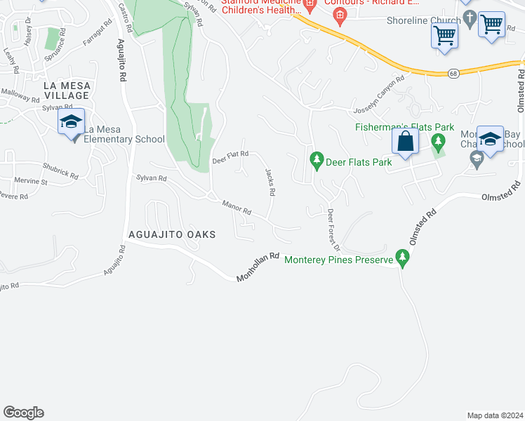 map of restaurants, bars, coffee shops, grocery stores, and more near 1475 Manor Road in Monterey