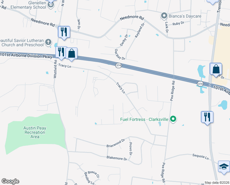 map of restaurants, bars, coffee shops, grocery stores, and more near 553 Sitka Street in Clarksville